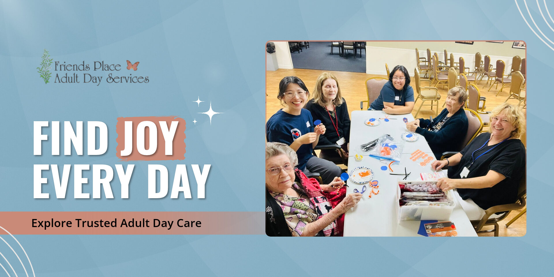 how-to-know-its-time-dementia-support-dfw-friends-place-adult-day-services Seniors and staff smiling during a craft activity at Friends Place, a DFW adult day program for dementia support
