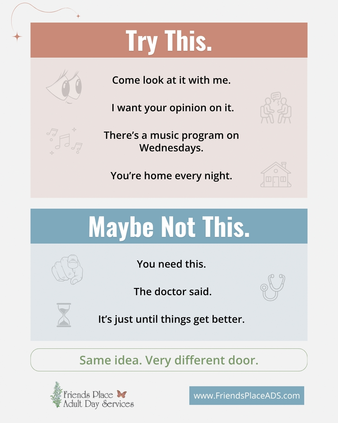 Infographic of phrases to try and avoid when bringing up adult day services, like Come look at it with me vs You need this